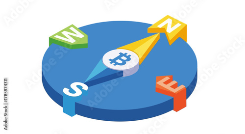 Isometric Bitcoin Compass Navigating Cryptocurrency Markets.