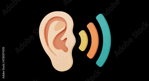 Illustration of an Ear with Sound Waves Emanating.