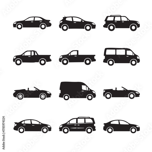 Collection of black car icons including sedan hatchback S U V pickup van convertible vehicle silhouette