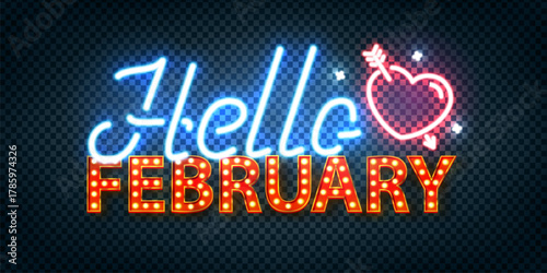 Vector neon sign of Hello February isolated on the transparent background.