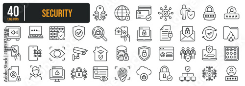 Set of collection thin line icons related Security, Protection, Safety. The icon can be used for website, infographic, user interface, app, banner, logo, brochure etc transparent background