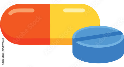 Red and Yellow Capsule Pill Next to a Blue Round Pill with a Line in the Middle Isolated on White Background Vector Illustration