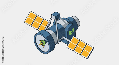 Isometric illustration of a space satellite with solar panels.