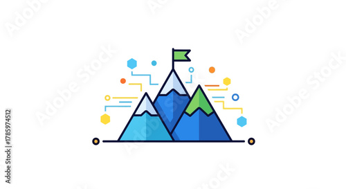 Mountain peaks with flag representing goals and achievements.