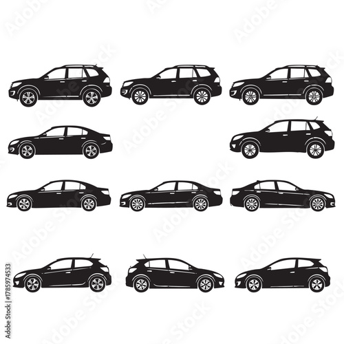 Collection of black car silhouettes including S U Vs sedans and hatchbacks on white background 1