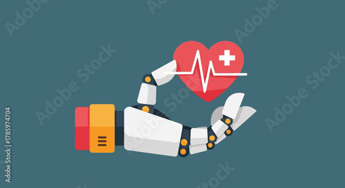 Robot Hand Holding Heart with EKG Line, AI in Healthcare Concept.