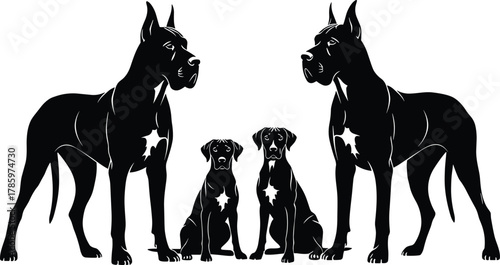 Cad drawing flat vector illustration, black and white dog silhouette, symmetrical pet design, star chest marking, family protection theme, Great Dane concept