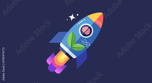 Rocket ship soaring through space with a brain and leaves.