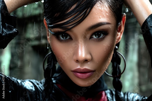 Wet-haired woman with inten...