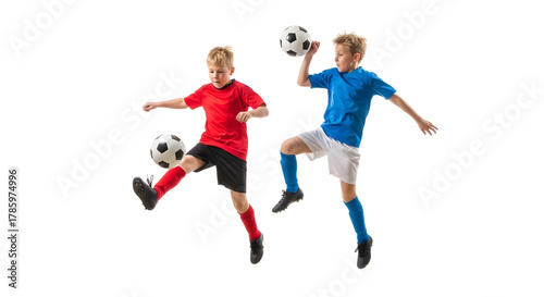 Two young boys playing soccer and kicking balls isolated on transparent background