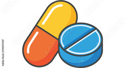 Stylized Capsule and Tablet Pill icons, representing medicine and health care, isolated on white.