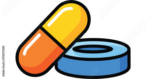 Set of Pharmaceutical Pill Capsule and Round Tablet Icons representing Medicine and Healthcare, Digital Art Illustration