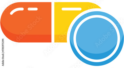 Stylized graphic illustration of a pill capsule alongside a blue circular symbol on a white background, representing medication or health.