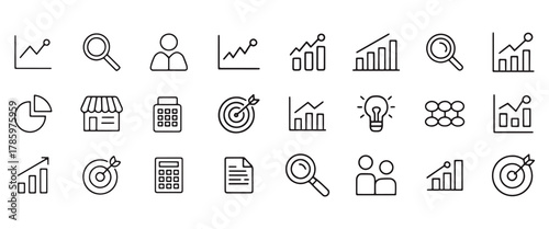 Collection of business and finance icons representing growth analysis and strategy