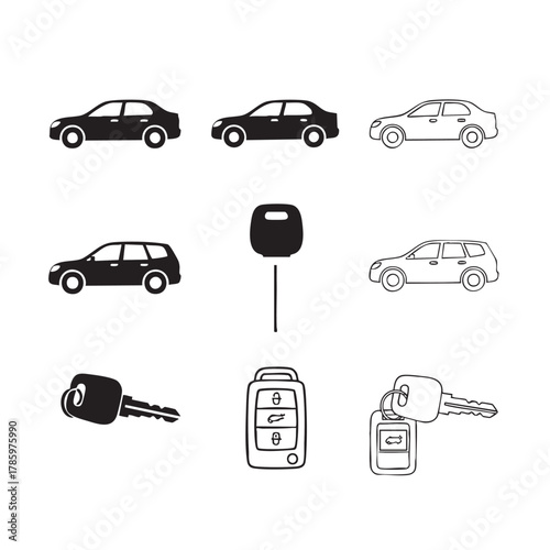 Collection of car icons and keys including sedan and wagon silhouettes and remote fobs automobile