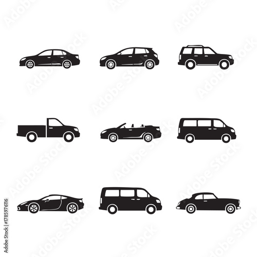 Collection of nine black car silhouettes including sedan hatchback S U V pickup convertible minivan and sports car