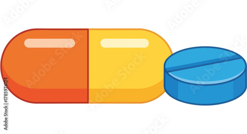 Vibrant colorful pills capsule and tablet illustration isolated on white background, medicine and health concept