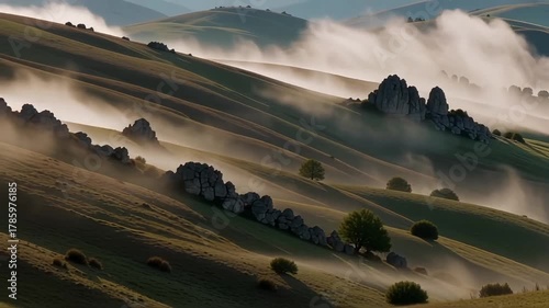 Golden light illuminates rolling hills shrouded in ethereal morning mist.