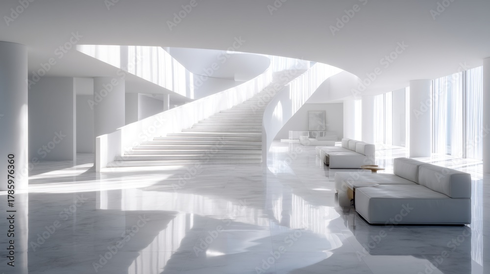Fototapeta premium Modern and Elegant White Interior Design with Open Space, Curved Staircase, Abundant Natural Light, and Minimalist Furniture Arrangement