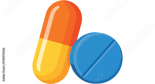 Vibrant Orange and Yellow Capsule Alongside a Blue Pill with a Dividing Line Illustration