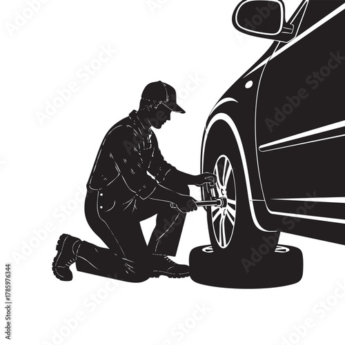 Silhouette of a mechanic kneeling and changing a car tire with a wrench vector