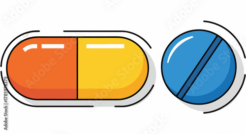Vibrant orange and yellow capsule alongside a round blue pill with a dividing line on a white background, flat design