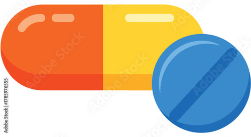 Vibrant Orange and Yellow Capsule Pill Next to a Round Blue Tablet with a Slit, Medical Iconography
