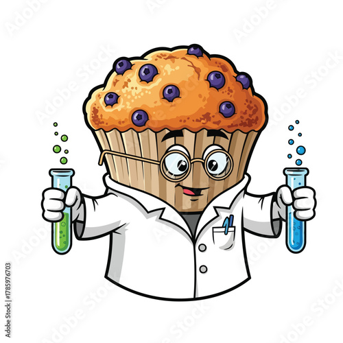 A cartoon blueberry muffin scientist with glasses and lab coat holding test tubes a fun and whimsical illustration