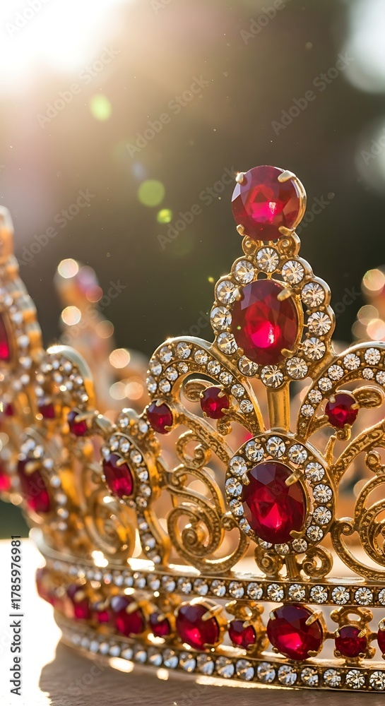 Obraz premium Golden Crown Adorned with Red Rubies and Sparkling Diamonds, Symbolizing Royalty and Power.