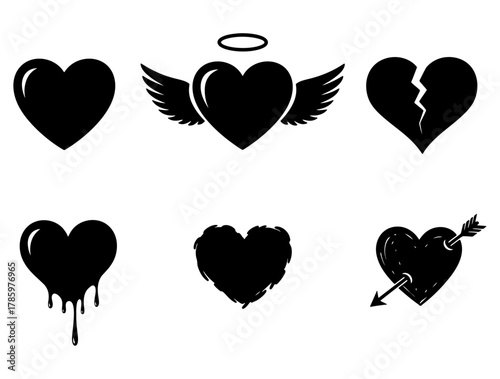 Collection of Black Heart Icons Representing Various Emotions and Love Concepts