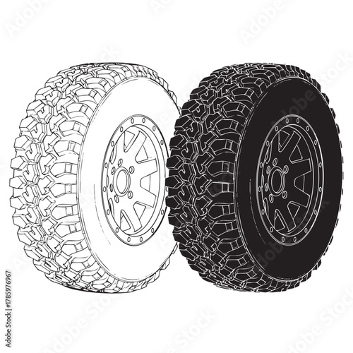 Two off road tires one black silhouette one line drawing on white background wheel vehicle