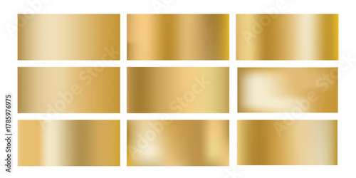 Gold brass gradients set, vector golden background. Metal gradation, horizontal illustration. Shiny chrome texture, steel surface, polished sheet