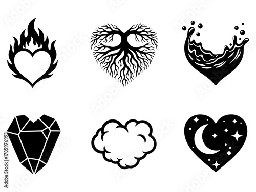 Collection of diverse symbolic heart icons, featuring nature, elements, and abstract concepts for modern design aesthetics