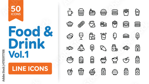 A collection of 50 line art icons arranged in a grid format, featuring a minimalist black and white design style.  
