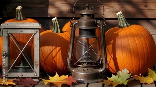 Cozy autumn display with pumpkins and vintage lanterns evokes warmth and seasonal charm