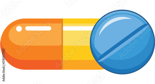 Brightly Colored Pill Capsule and Round Tablet Representing Medication and Health Care Solutions
