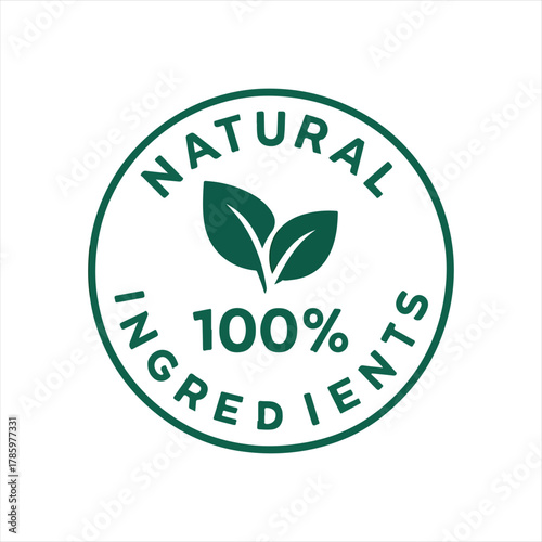 Circular green stamp or seal indicating 100 percent natural ingredients with two green leaves at the center