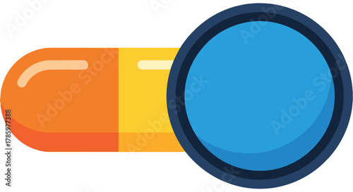 Close Up View of a Magnifying Glass Over an Orange and Yellow Capsule Pill, Representing Medical Research and Analysis