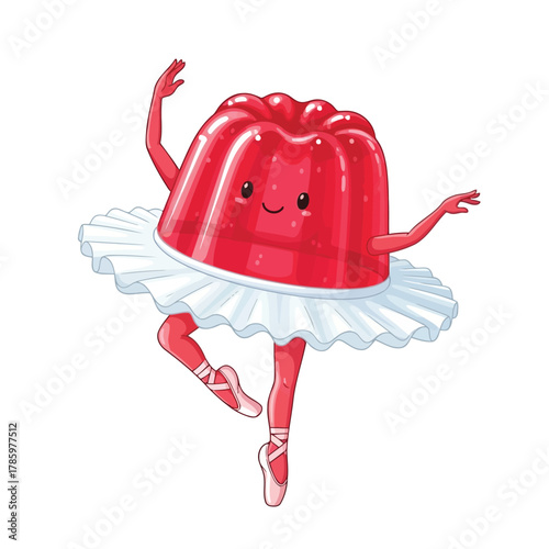 Cartoon red jelly character dancing ballet funny dessert with tutu having fun in a dance class