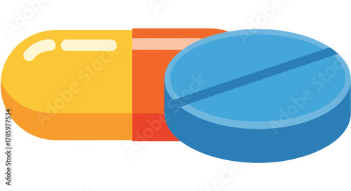 Close-up illustration of a yellow and orange capsule alongside a blue pill with a dividing line on a white background