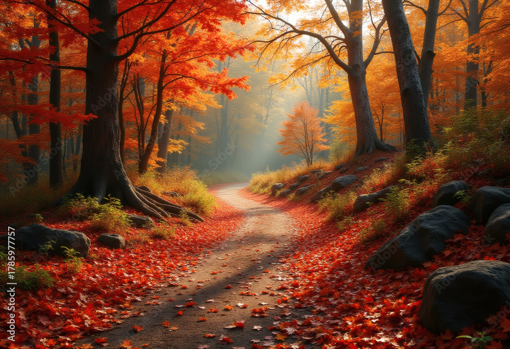 Naklejka premium Beautiful Autumn Forest Pathway with Vibrant Fall Foliage and Golden Leaves