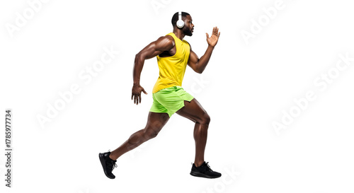Athlete running isolated on transparent background in sporty yellow and green outfit
