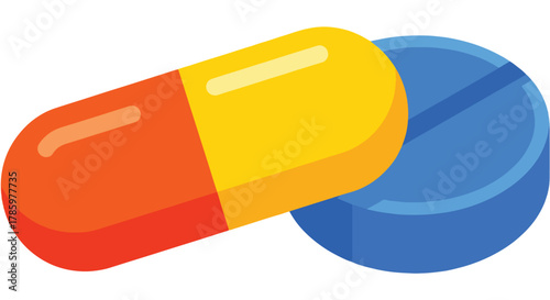 Close-up realistic illustration of an orange and yellow capsule alongside a blue pill, isolated on white background