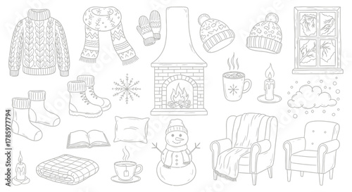 Collection of winter-themed illustrations, including warm clothing and cozy elements.