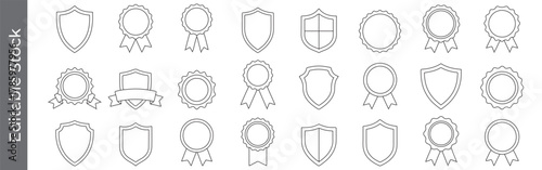 Award badge and shield line icon set – editable outline symbols of certificate, ribbon, medal, security, and achievement