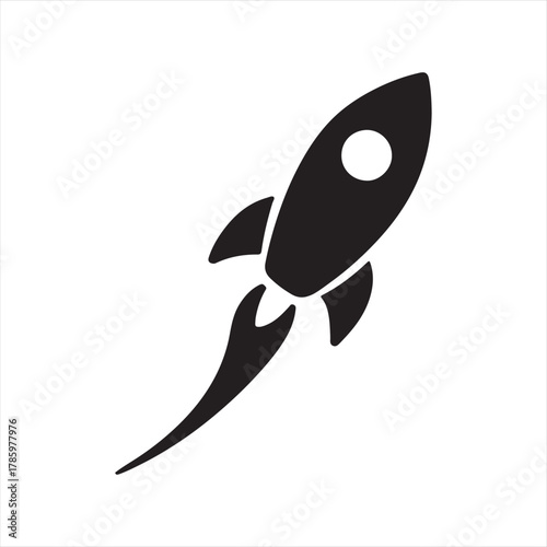 Simple black silhouette of a stylized rocket ship launching upwards with fiery exhaust trails against a white background