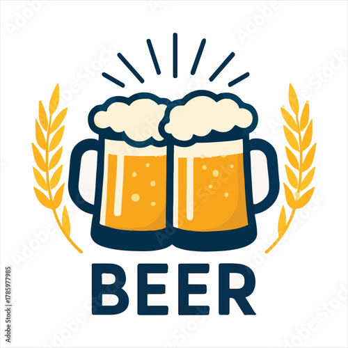 Two frosty mugs of golden beer with frothy heads surrounded by wheat stalks representing a refreshing beverage and brewing