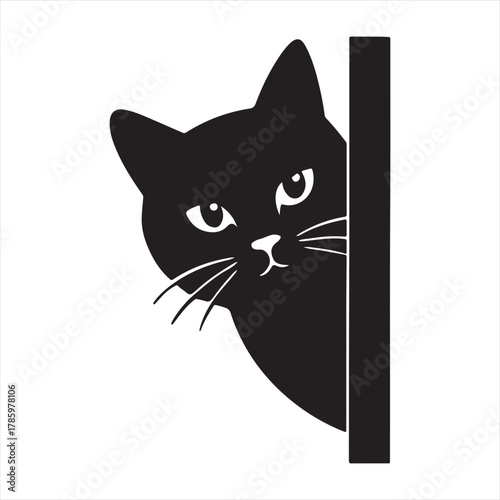 Curious black cat peeking around a corner with wide eyes and whiskers