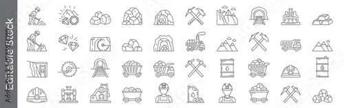 Editable diamond, gold and coal mining line icon set – miner, mines, coal, excavation, gemstone, gold bar, pickaxe, cart, tunnel, industry outline symbols