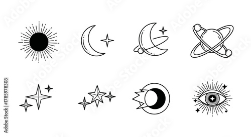 Collection of celestial line art icons featuring sun, moon, stars, planet, and eye symbols in a minimalist style.